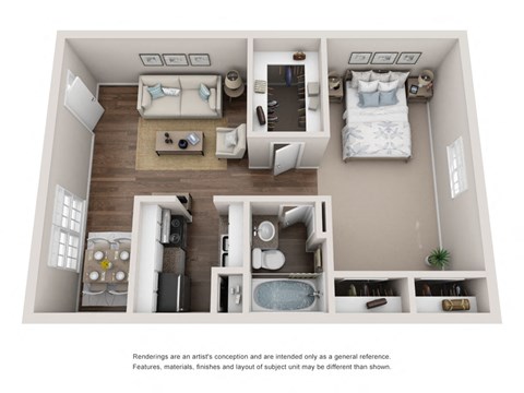 Floor plan for 1 bed, 1 bath, 663 sqft